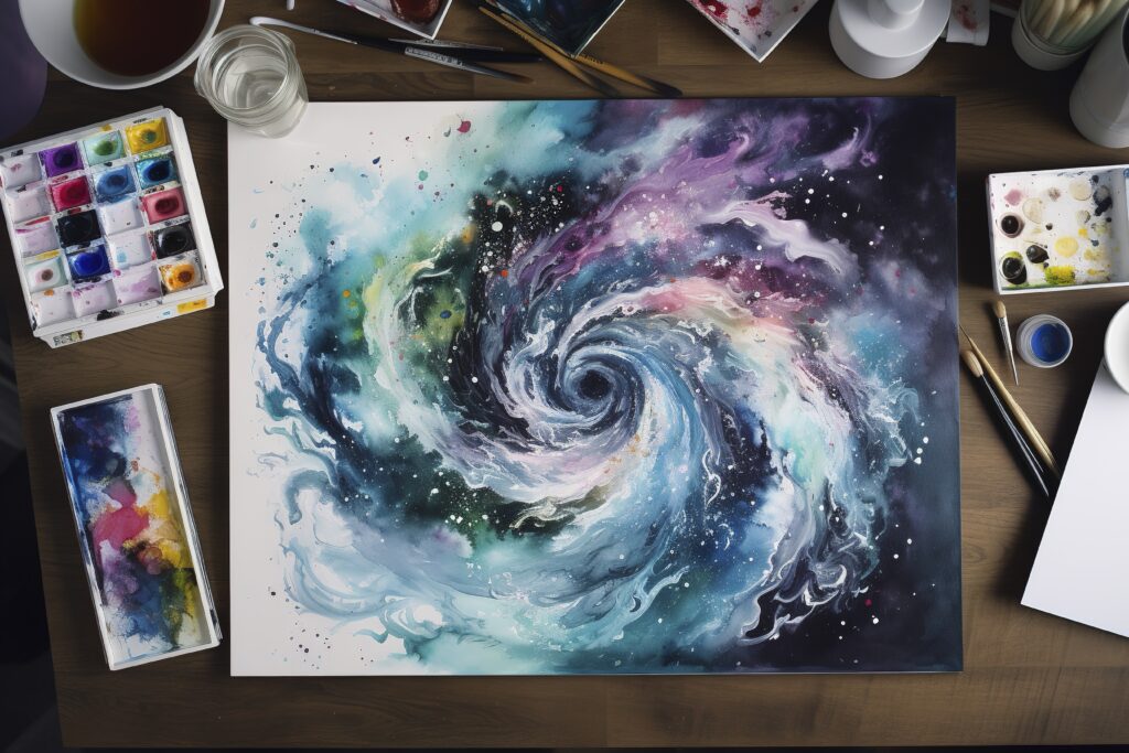 „Színes watercolor festmény spirális formákkal, ami a csillagjegyek szupererejét és a belső erőt szimbolizálja.”